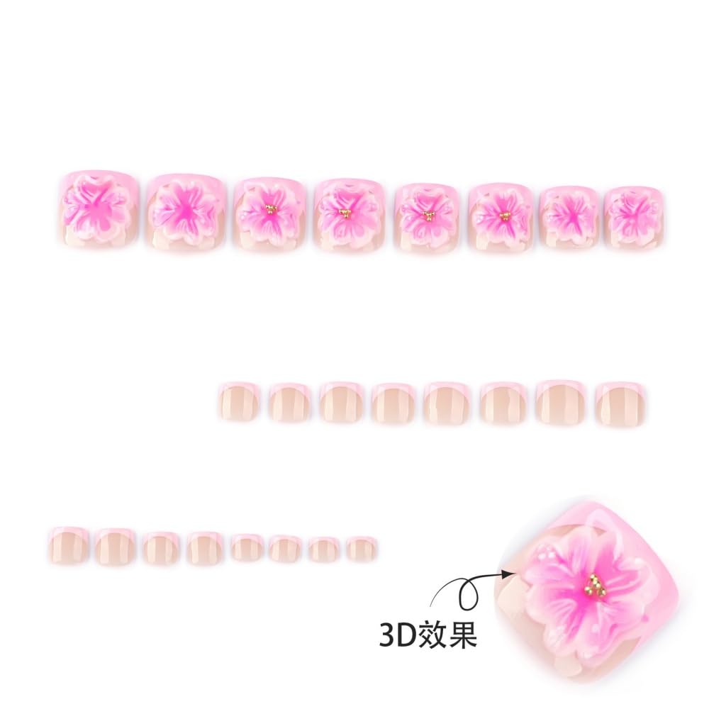 Press on Toenails Flower Fake Toenails Pink False Toe nails Press ons with Design 3D Floral Glue on Toe Nail Acrylic Stick on Toenail for Women 24Pcs