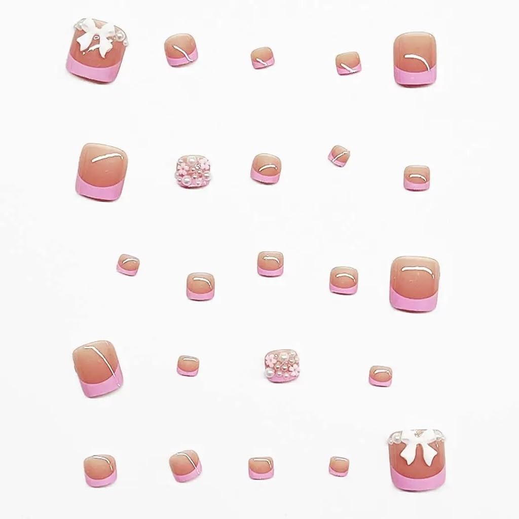CTTHNBD Pink Press-on Toenails Short Square French Tip 3D Flower Bow Design False Toe Nails 24Pcs