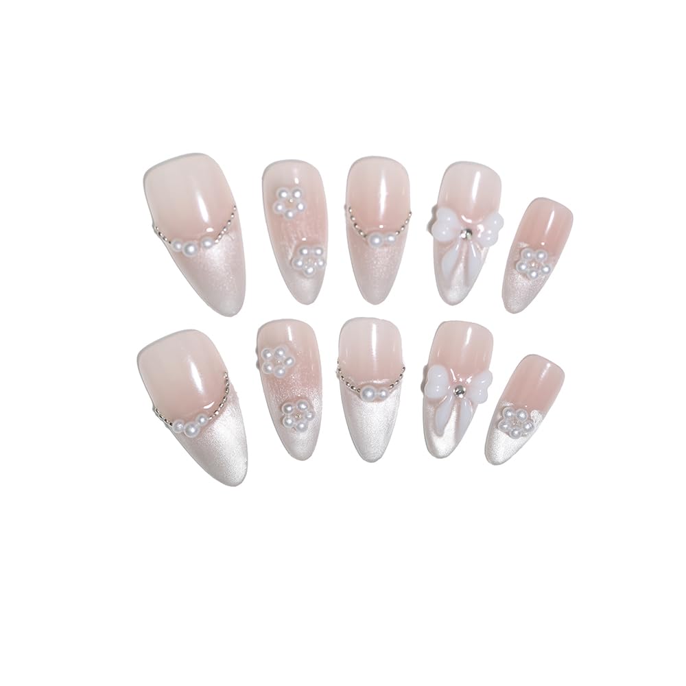 10PCS Luxury Handmade Press On Nails Nude Gradient Cat's Eye with Pearl Bow & Sparkling Rhinestones for Wedding & Party Reusable Almond Fake Nails Design Gift For Women and Girls (A021, S)