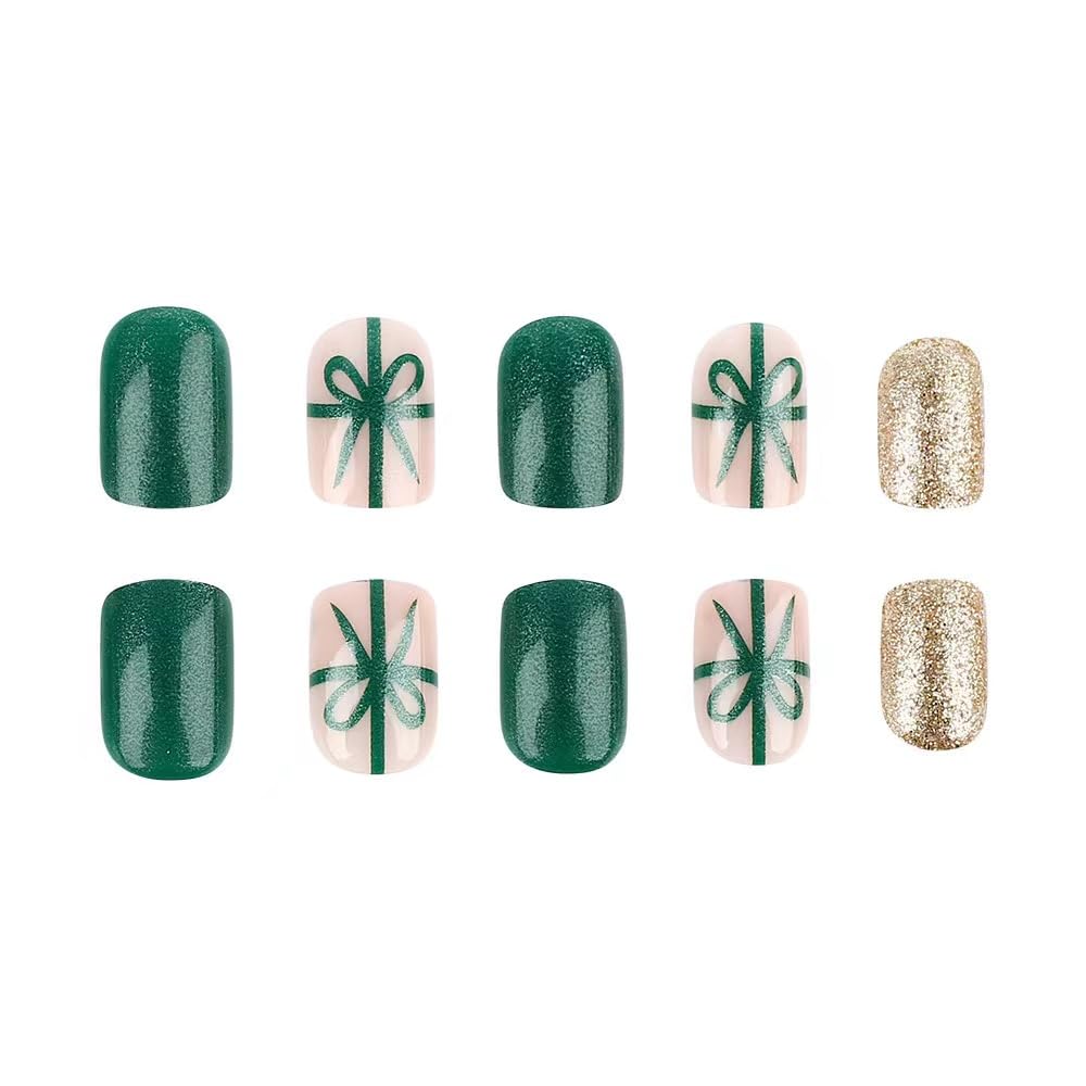Christmas Green Press on Nails - Short Square Fake Nails with Bow Design - Gold Glitter Full Cover Stick on Nails - for Women 24 Pcs