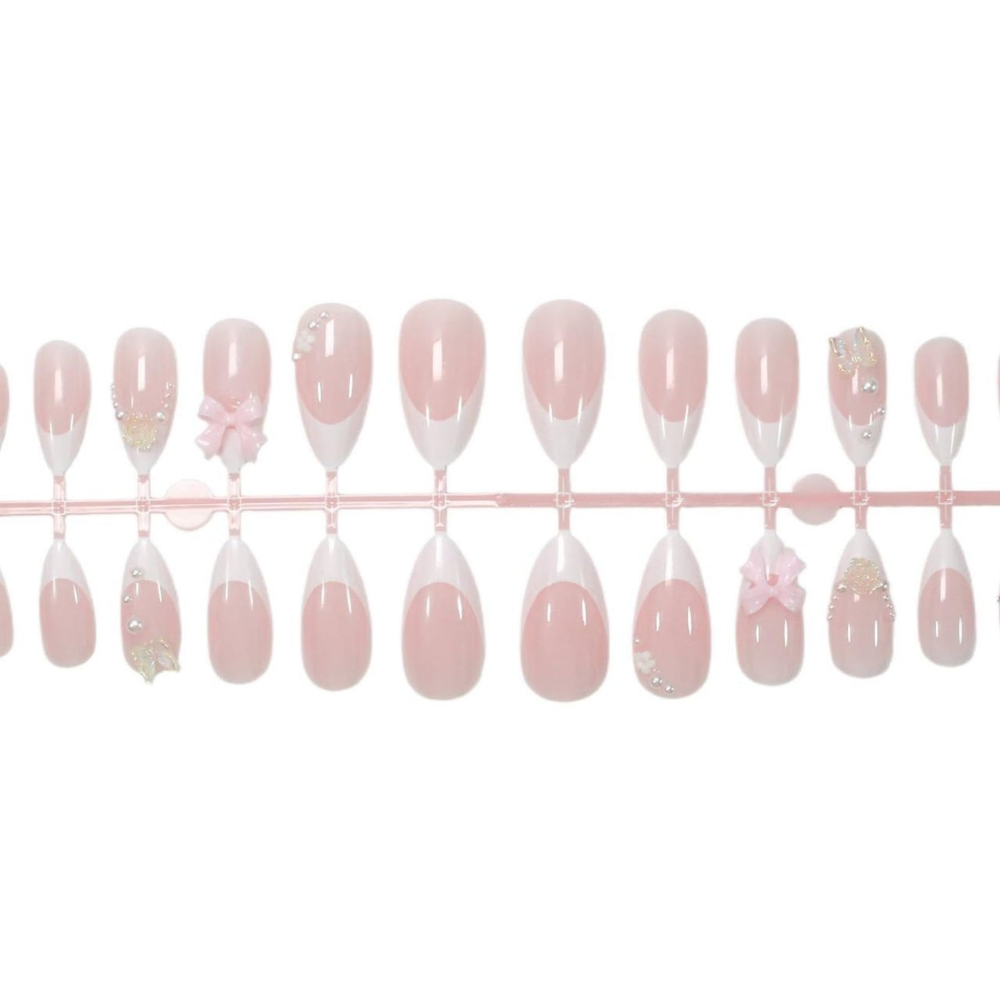 Octoswave Almond Press on Nails Medium Fake Nails White 3D Artificial Nail Butterfly and Bow Charm Stick on Nail for Women 24pcs