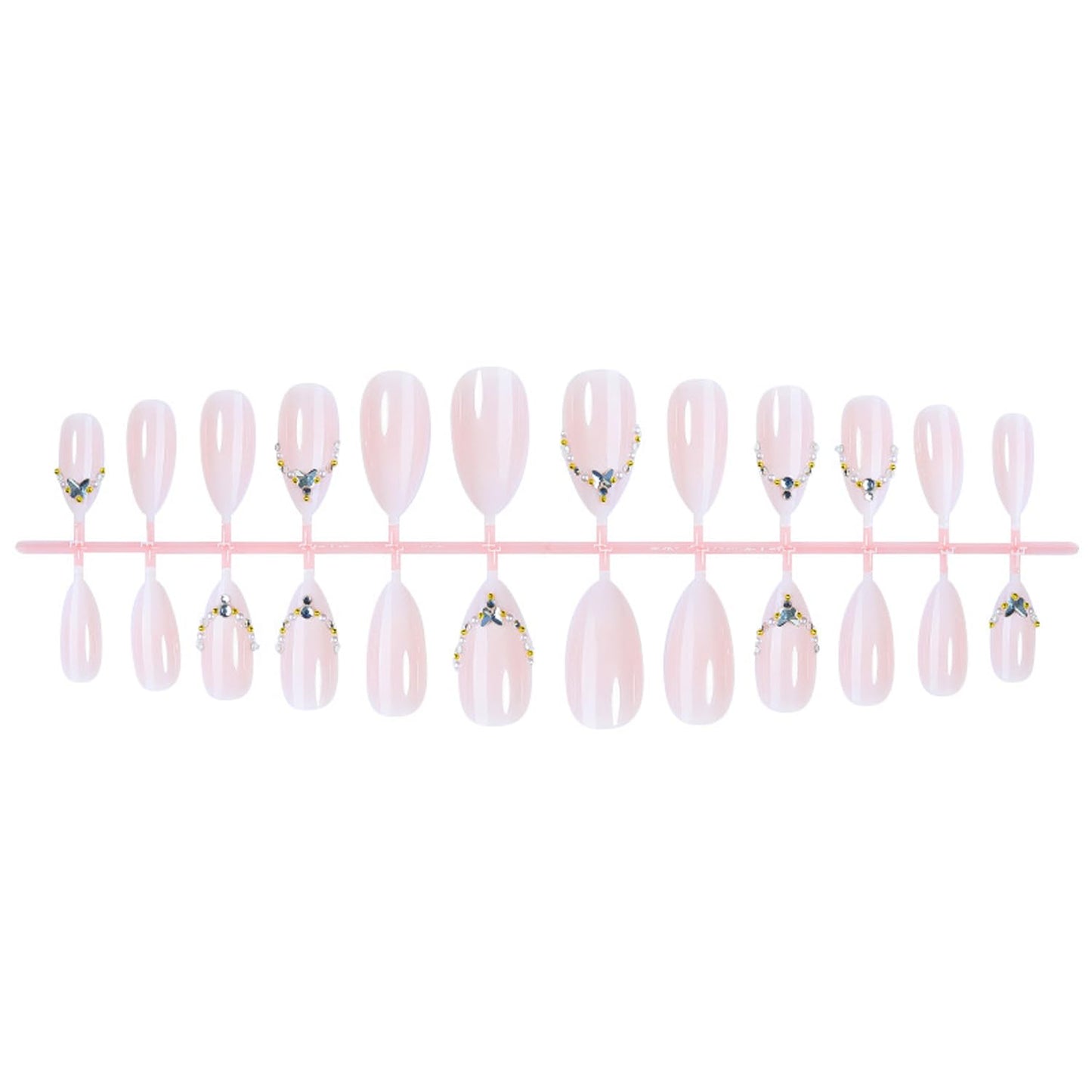24Pcs Medium Almond Press on Nails - Press ons 3D Butterfly Rhinestone Pearl Chains Design Fake Nails French Tip False Nails Nude Pink Full Cover Sparkly Butterflies Artificial Stick on Nail for Women