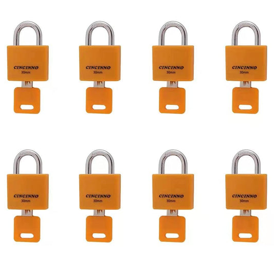 CINCINNO Set of 8 Small Locks，Covered Aluminum Keyed Alike Padlocks，30MM Weatherproof Lock with Same Key,Outdoor Padlock for Sheds, Storage Unit ，School Gym Locker, Toolbox