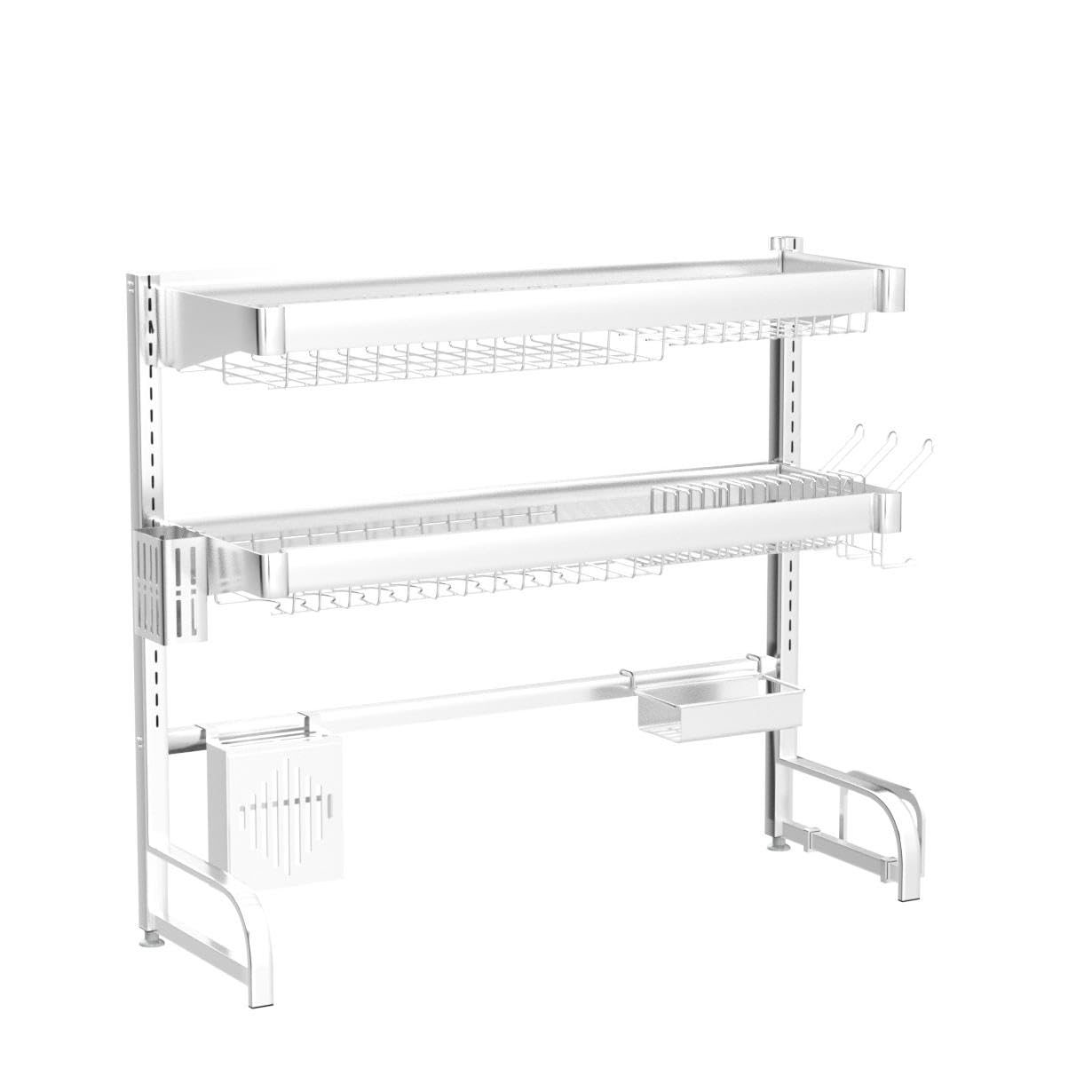 3 Tier Extra Large Stainless Steel Expandable Over The Sink Dish Drainer Drying Rack, Rust Proof Metal, Space Saving, Modern Silver Big Capacity Extendable Plate Strainers Above Kitchen Counter