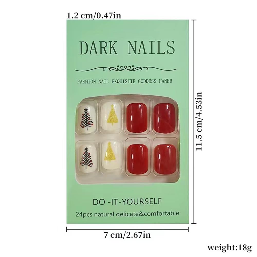 Christmas Press on Nails Short - Square Fake Nails with Xmas Tree Design - Red Full Cover Stick on False Nails - for Women 24 Pcs