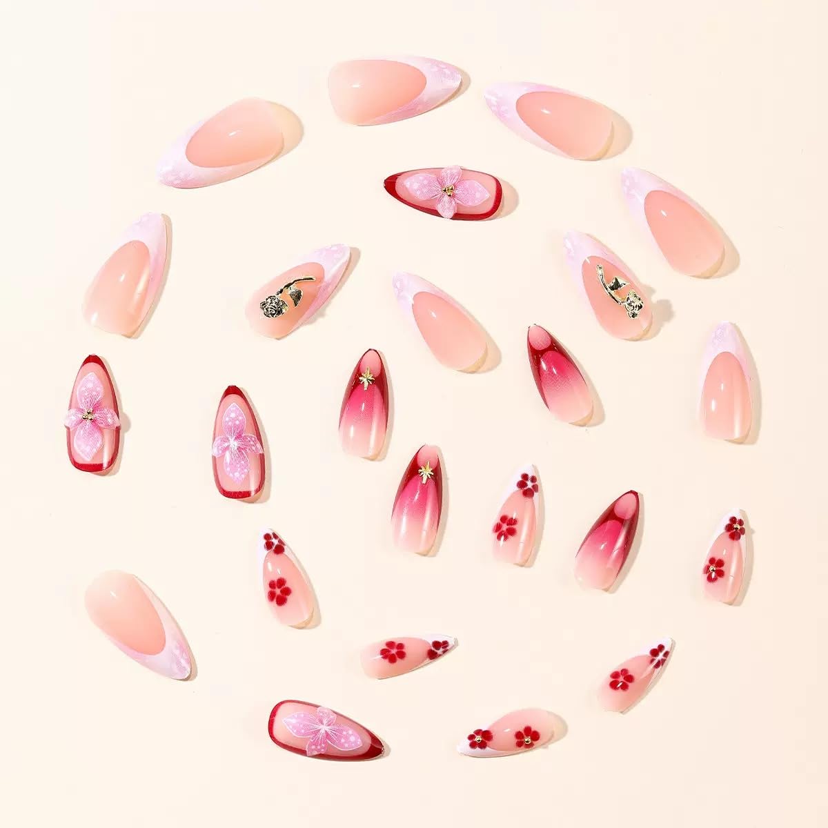 CTTHNBD Press on Medium Nails - Almond Fake Nails with Gold Floral Chrams Design - French Tip False Nails Press ons - for Women 24 Pcs
