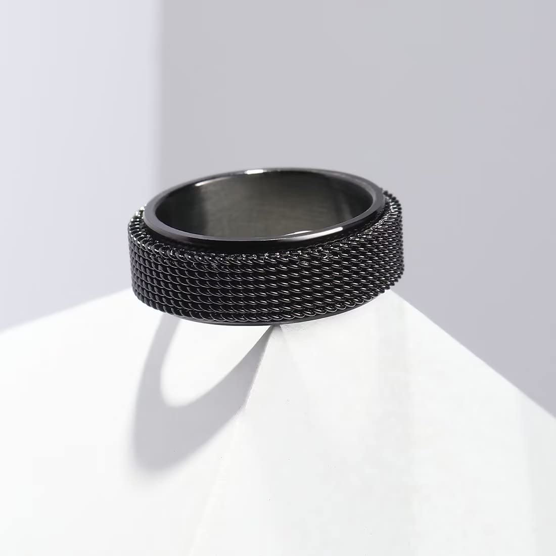King Will Black 8mm Stainless Steel Chain Mesh Simple Plain Spinner Anxiety Ring for Women Men Wedding Band Ring Fidget Ring Mesh Chain Woven Mesh 7