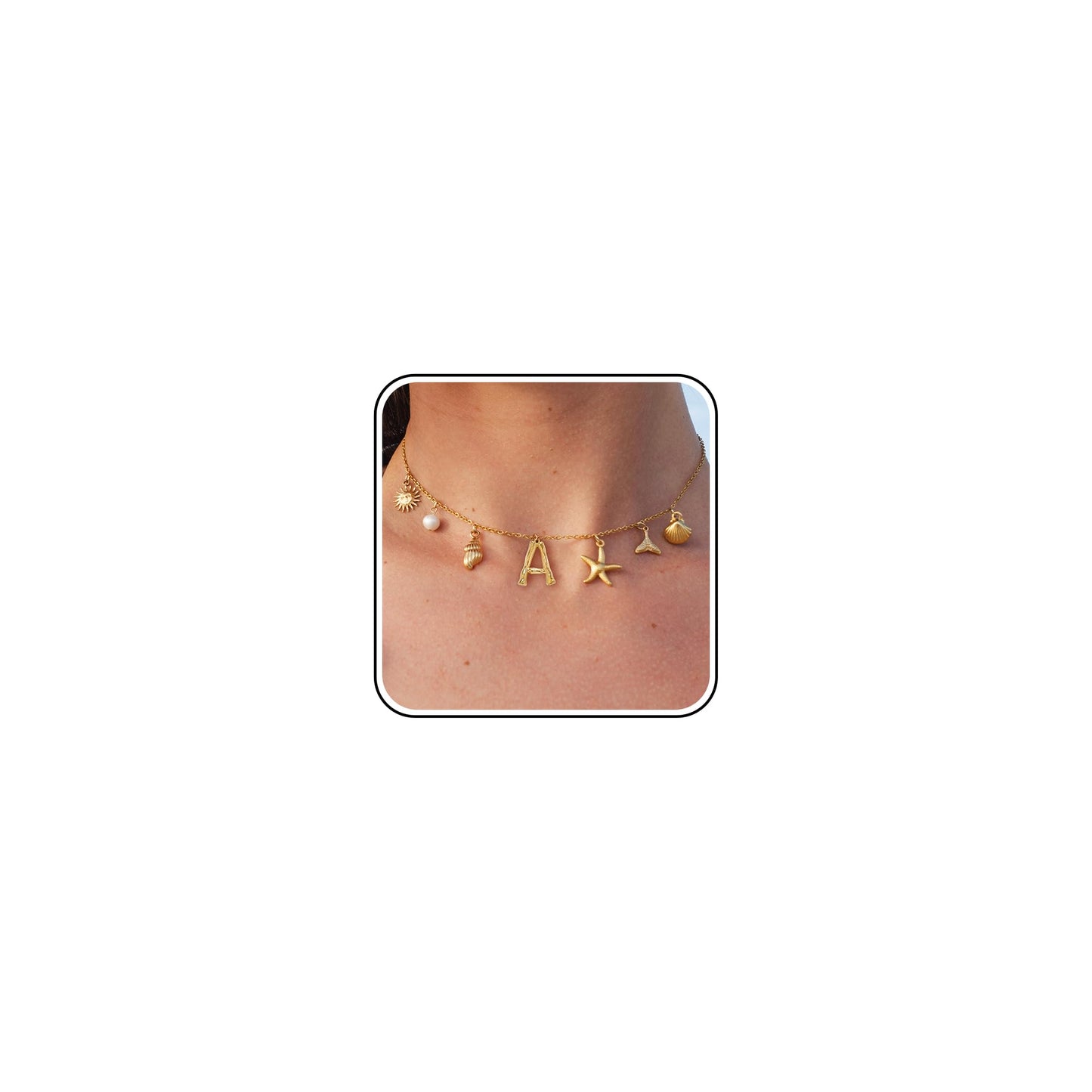 SLOONG Initial Charm Necklace 14K Gold Plated Letter Neckalce Freshwater Pearl Necklace Choker Boho Summer Seashell Beach Starfish Surfer Jewelry Gifts for Women A