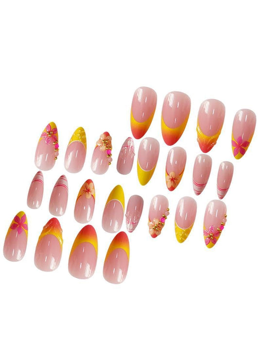 plalely Long Press on Nails Almond,Pink and Yellow Acrylic Press on Nails with Flower Designs, Long Almond Nail Tips for Women 24pcs