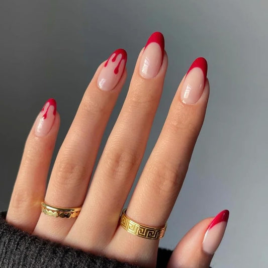 Halloween Press on Nails Red French Tip Almond Fake Nails with Terror Blood Designs Holiday Press on Nails Glossy Nude Artificial Nails for Women Halloween Manicure Supplies 24Pcs