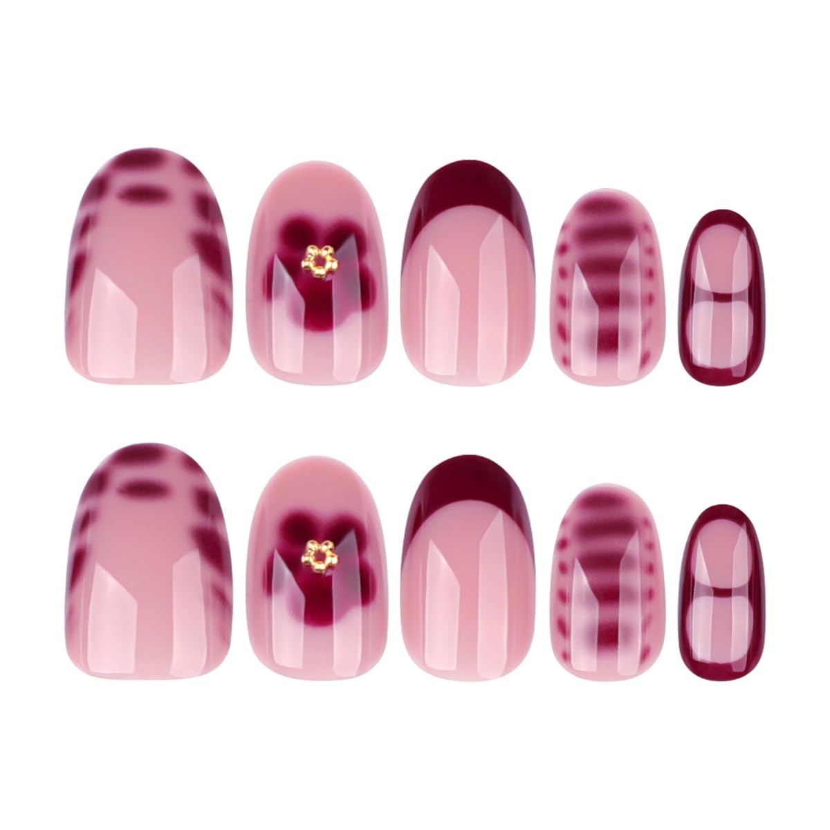 Red French Tip Press On Nails Short Almond Fake Nails with Floral Plaid Pattern Glossy Acrylic Glue On Nails Reusable Nude Burgundy Nail Art for Women