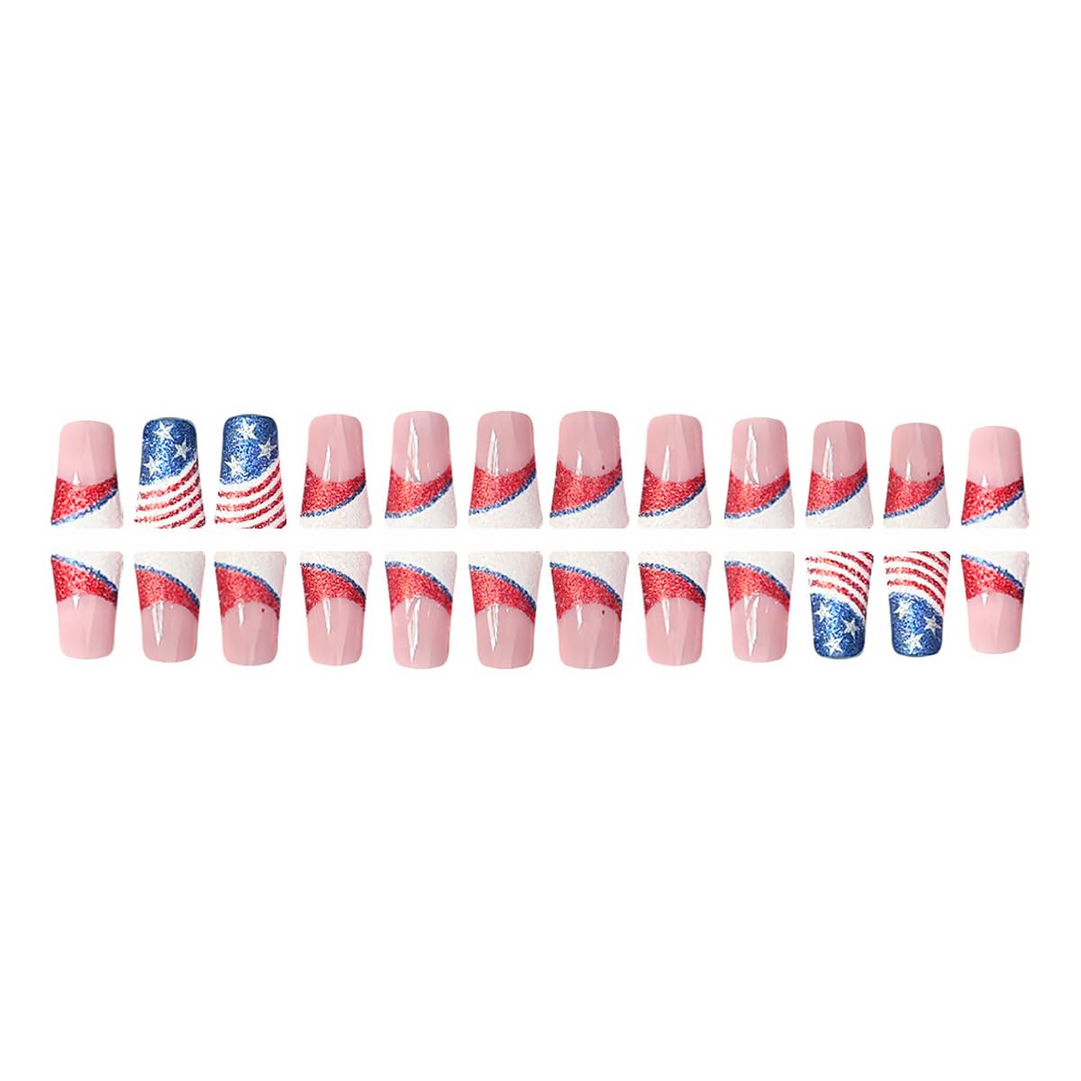 24Pcs 4th of July Press on Nails Duck Short French Tip Fake Nails with Red Blue Glittter Design Independence Day American Flag False Nails Full Cover Artificial Stick on Nails Glue on Nail for Women