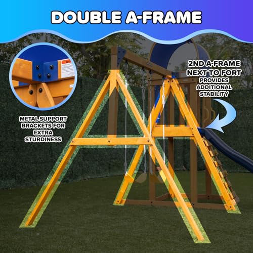 Sportspower Rosemont Wooden Swing Set with 8' Slide, 2 Adjustable Swings, Trapeze, Play Fort with Rock Climber, Sandbox, Picnic Table, Chalk Tarp & Anchor Kit, Outdoor Playset for Kids Ages 3–8