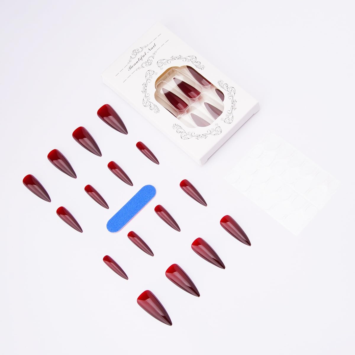 24Pcs Halloween Press on Nails Long Stiletto Fake Nails Dark Red Design Stick on Nails Horror Vampire False Nails Glossy Reusable Full Cover Acrylic Glue on Nail for Women Nail Art Decoration