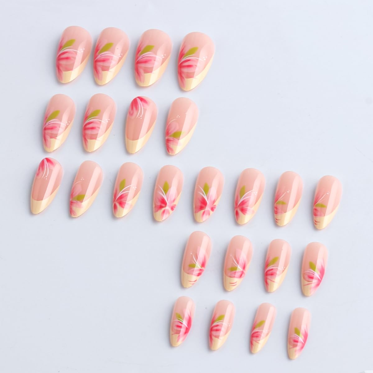 Yellow French Tip Press on False Nails Flower Fake Nails Medium Almond Glue on Nails with Pink Floral Designs Glossy Nude Press ons Stick on Nail for Women Manicure 24Pcs