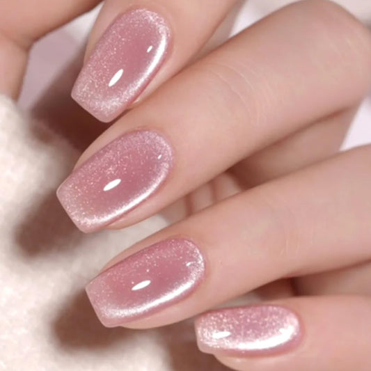 Christmas Pink Press on Nails Medium Fake Nails 24Pcs Square with Sparm Cat Eye Designs Acrylic False Nail Press ons Artificial Stick on Nails for Xmas Valentines Women Girls Manicure