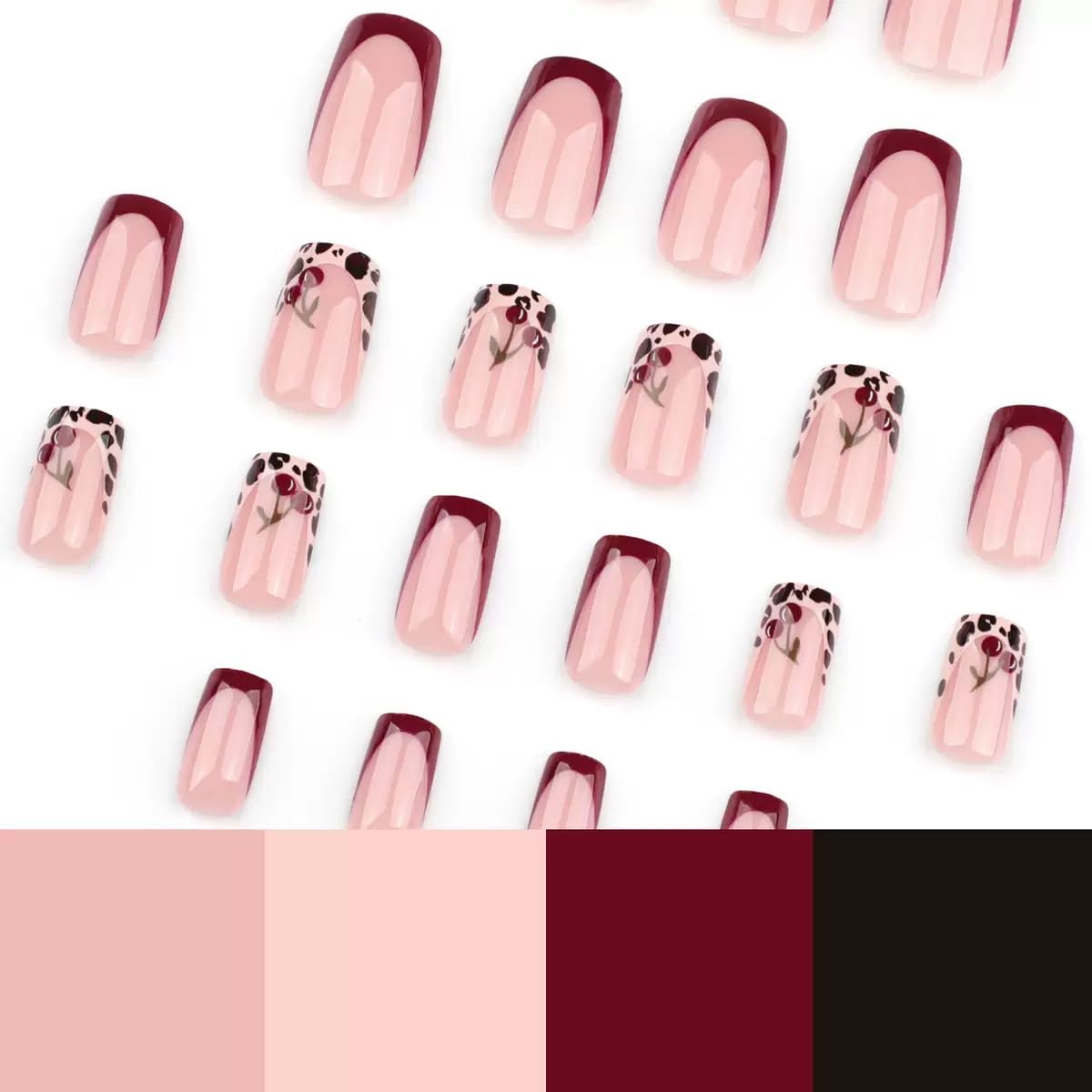 Square Press on Nails Short - French Tip Fake Nails with Leopard Print Cherry Design - Winter Nails Press ons - for Women 24 Pcs
