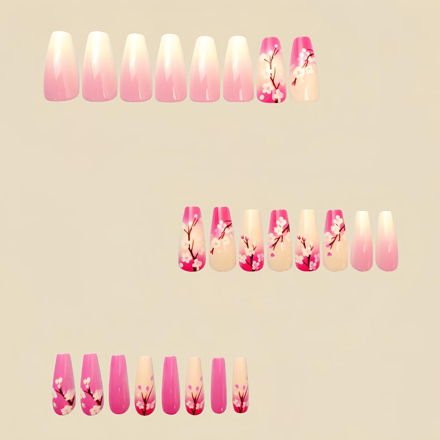 LOPMNGHT 24Pcs Flower False Nails Medium Press on Nails Ballet Shaped Pink Gradient Acrylic Nails Floral Design Spring Fake Nails Full Cover Flower Stick on Nails Artificial Nails for Women Decoration
