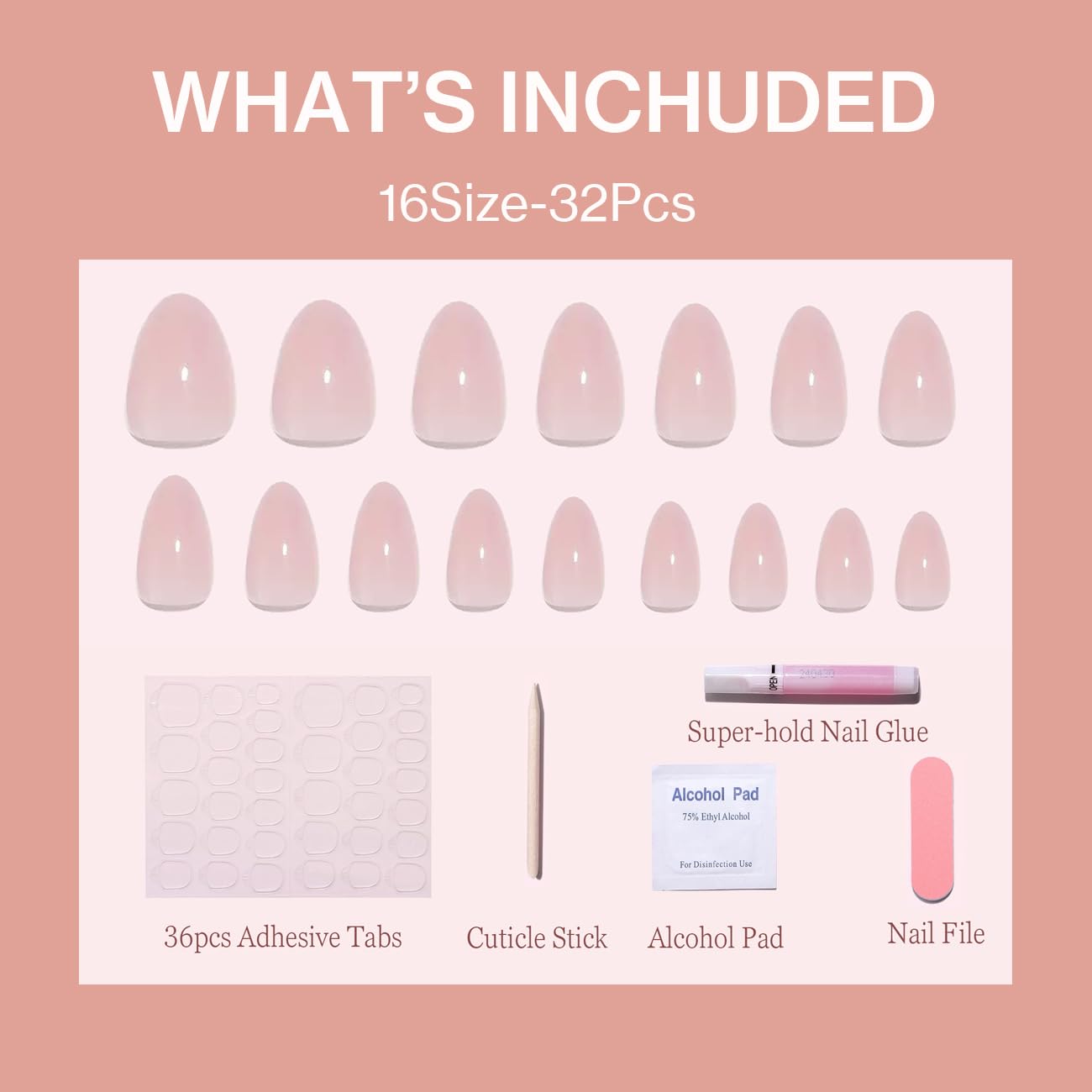 ESLALA Press On Nails Short Almond,Nude Pinkish Opaque Fake Nails Glossy Full Cover False Nails Reusable Stick On Fake Nails with Glue | 16 Sizes - 32 Nail Kit(06-Almond Nude)