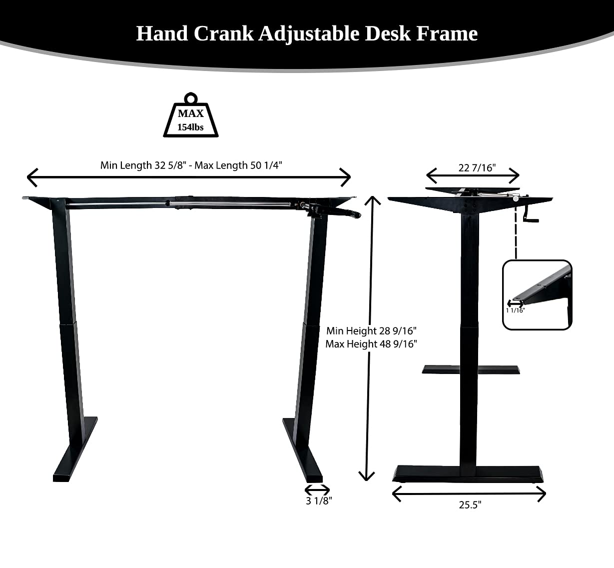 ErgoMax Black Height Adjustable Crank Desk Frame, Tabletop Not Included, 48.56 Inch Max Height