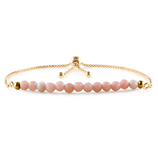 InfinityGemsArt Pink Opal Bracelets For Women, October Birthstone Jewelry, Dainty Pink Beaded Stone Bolo Slider Crystals Gemstones Bracelet, 14K Gold Plated Adjustable Chain, Valentines Day Gifts For Her