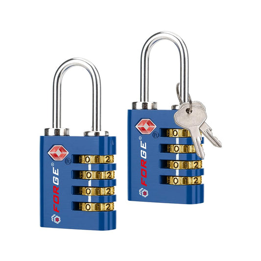 Forge Dual-Opening: Key or Combination Access Lock, TSA Approved Locks for Luggage, Pelican case, Travel, Gym, School, Stainless Steel Shackle. (Blue 2 Pk)