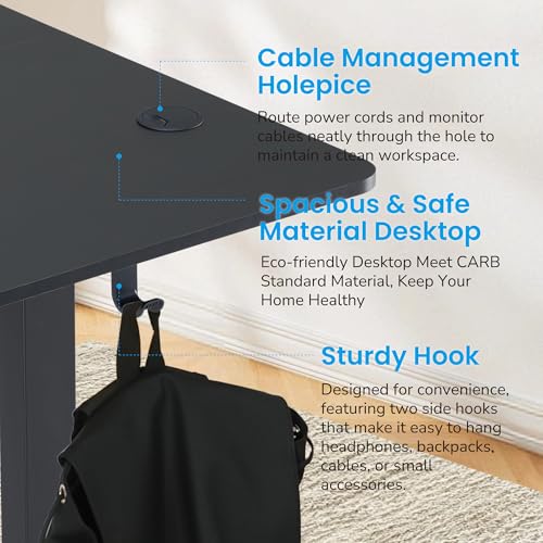 Hexago 63 x 24 Inch Electric Standing Desk, Height Adjustable Sit Stand Desk with Splice Board, 3 Memory Presets, Dual Hooks, Sturdy T-Leg Frame – Black