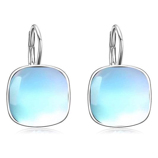 AOBOCO Sterling Silver Leverback Earrings Embellished with Crystals from Austria, Hypoallergenic Cushion Cut Square Crystal Earrings, Fine Anniversary Birthday Jewelry Gifts for Women (Moonstone Color)
