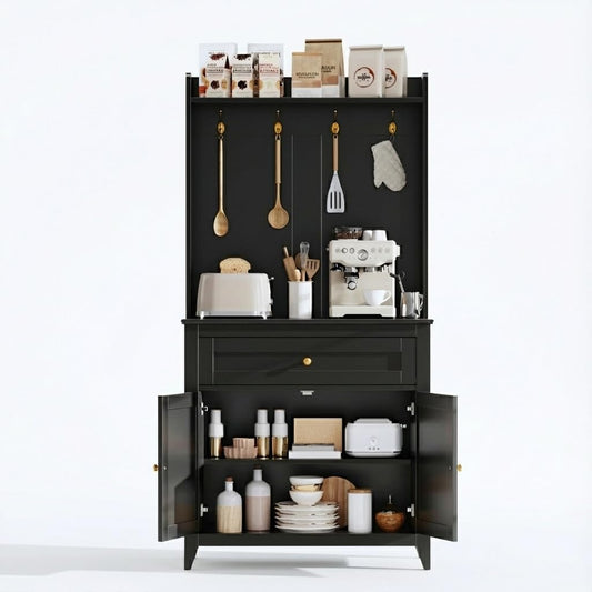 Garvee 63'' Sideboard Buffet Cabinet, 4 Hooks Coffee Bar Cabinet with Drawer & Adjustable Shelves, Kitchen Storage for Kitchen Room, Living Room, Dining Room, Black