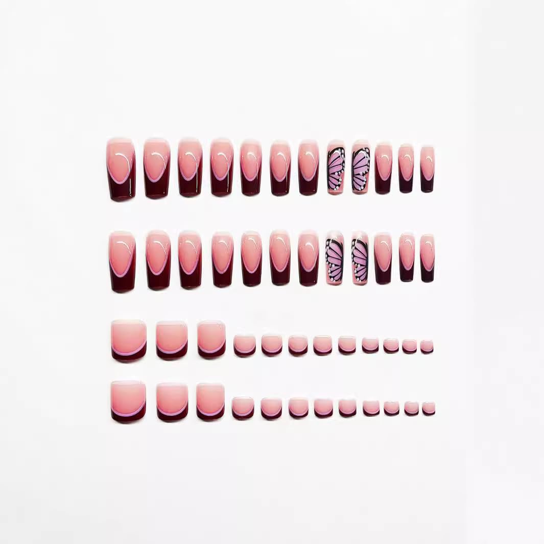 CTTHNBD 48Pcs Medium Square & Press on Toenails Set, Red French Tip Press on Nails with Butterfly Design, Reusable Acrylic False Nails for Women