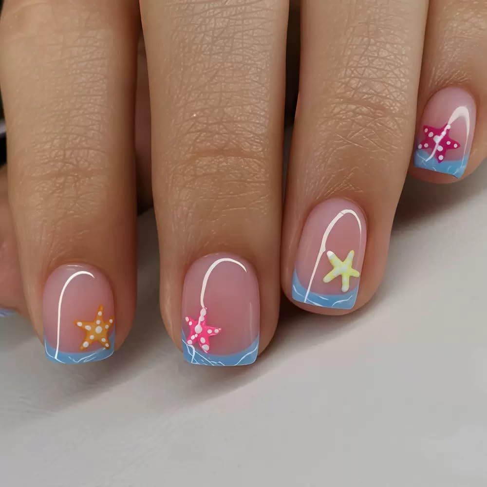 144 Pcs Summer Press on Nails - Almond, Square Press on Nails Short - Starfish, Coconut Tree Design Fake Nails for Women - 6 Packs