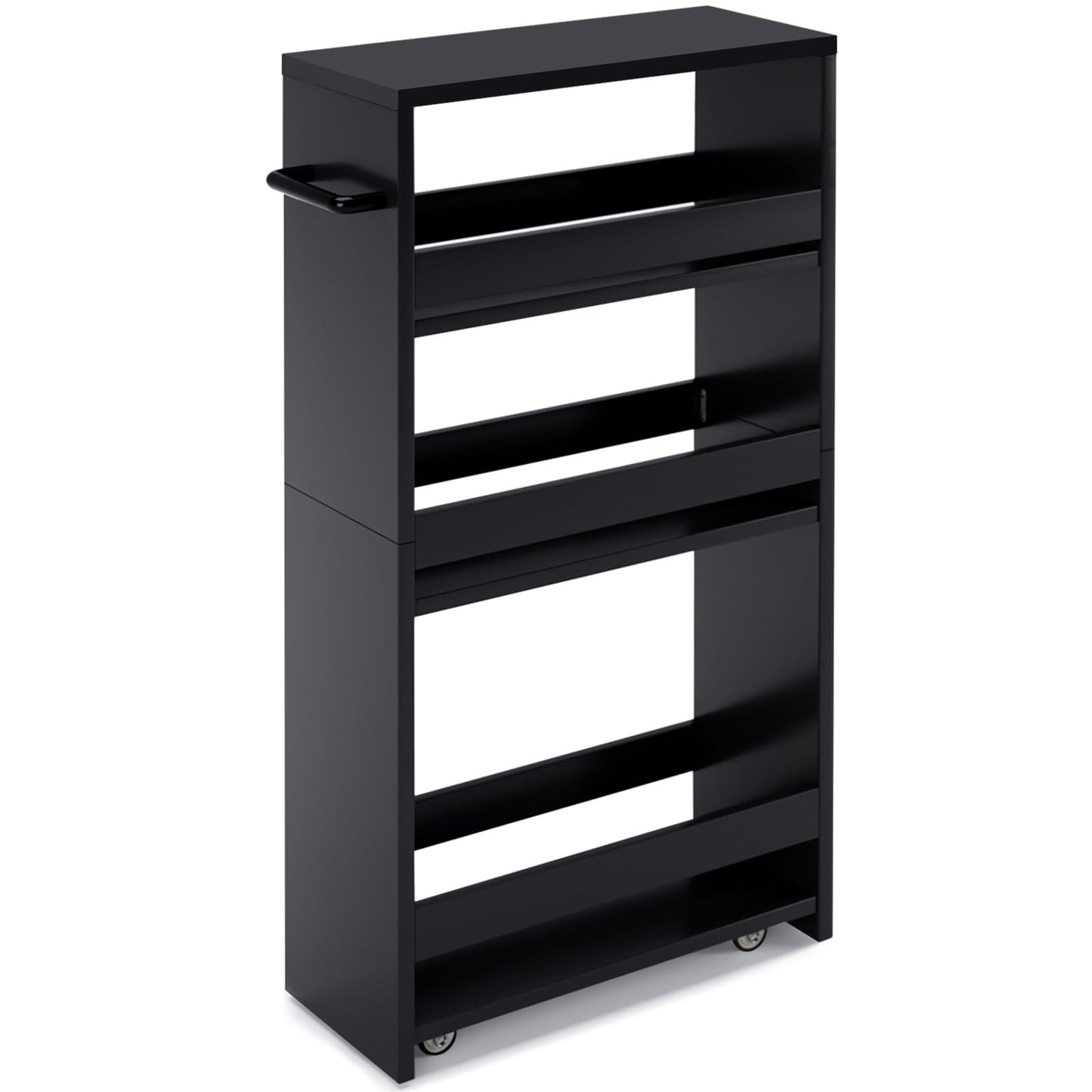 MARTY Slim Rolling Storage Cart 4-Tier Kitchen Cart with Wheels, Laundry Room Storage with Handle Slide Out Utility Cart Shelving Unit Organizer Trolley for Narrow Places Bathroom Small Corner, Black