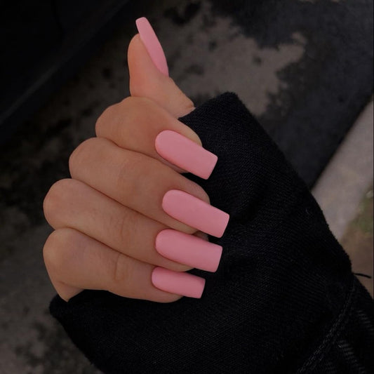 KQueenest Matte Rose Pink Press on Nails Long Medium Square, Fake Nails Press ons, Glue on Nails Coffin For Women, Natural Gel Square Tip Nails, Acrylic False Nails for Finger Decoration