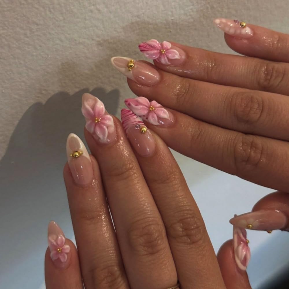 French Tips Press on Nails Medium Almond Fake Nails with 5D Flower Charm Design Glossy Ombre Pink Nails Press on Reusable Rhinestones False Nail Spring Summer Nail for Women Manicure 24Pcs