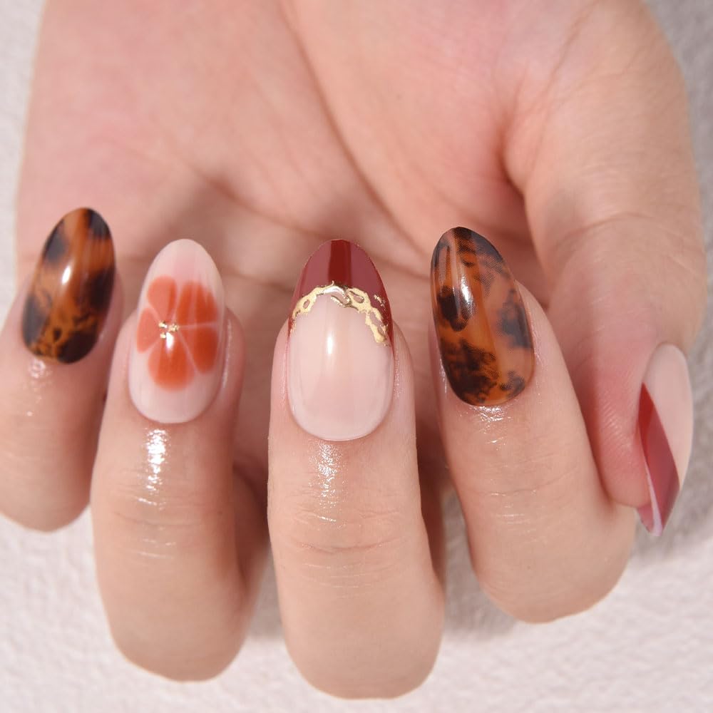 evpct 3D French Press on Nails Short Almond with Gold Line Design, Dark Red French Tip Stick on Nail for Women with Kit, Reusable Full Cover Press on Fake Nail with Flower Tortoise Shell Design