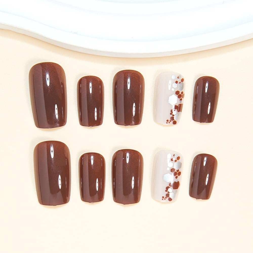 CTTHNBD Square Press on Nails Short - Brown Fake Nails with Silver Sequins Design - Glossy Full Cover Stick on False Nails for Women - 24 Pcs