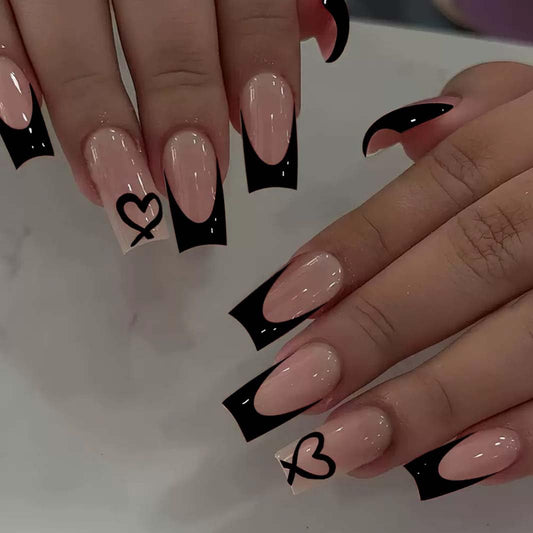Black French Tip Press on Nails Coffin - Medium Fake Nails with Heart Design - Glossy Full Cover Stick on Press ons for Women Manicure Kit 24 Pcs