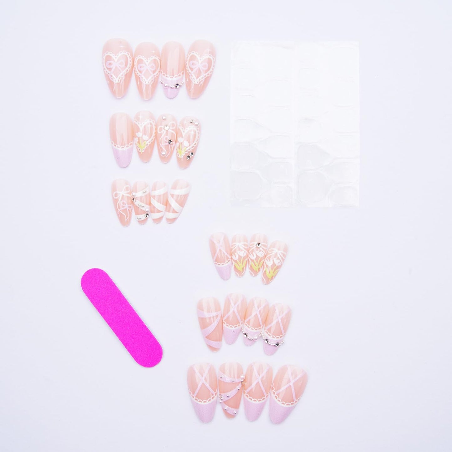 24Pcs French Tip Press on Nails Almond Fake Nails Pink Glossy Bow Designs Full Cover Nude Glue on Nails French Nails Press ons Cute Bow Stick on Nails for Women Medium Manicure Daily Wear