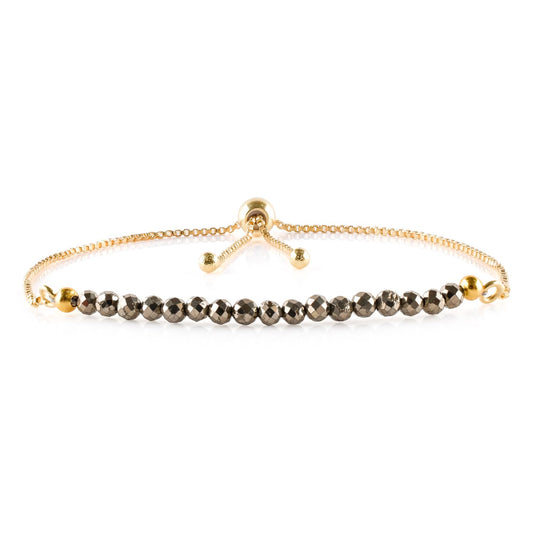 InfinityGemsArt Golden Pyrite Bracelets For Women Natural Birthstone Jewelry Micro Beads Beaded Stone Bolo Slider Crystals Gemstones, 14K Gold Plated Adjustable Chain, Gifts For Her