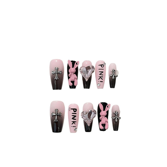 fake nails with 3D pink bunny & black cross charms, sweet yet edgy pink & black ombre design, stylish fake nails for women & girls (Medium)