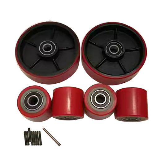 High-Quality Pallet Jack Rollers Set - Red PU Wheels with Axles, 2 Steering Wheels & 4 Front Load Rollers for Manual Forklift Trucks