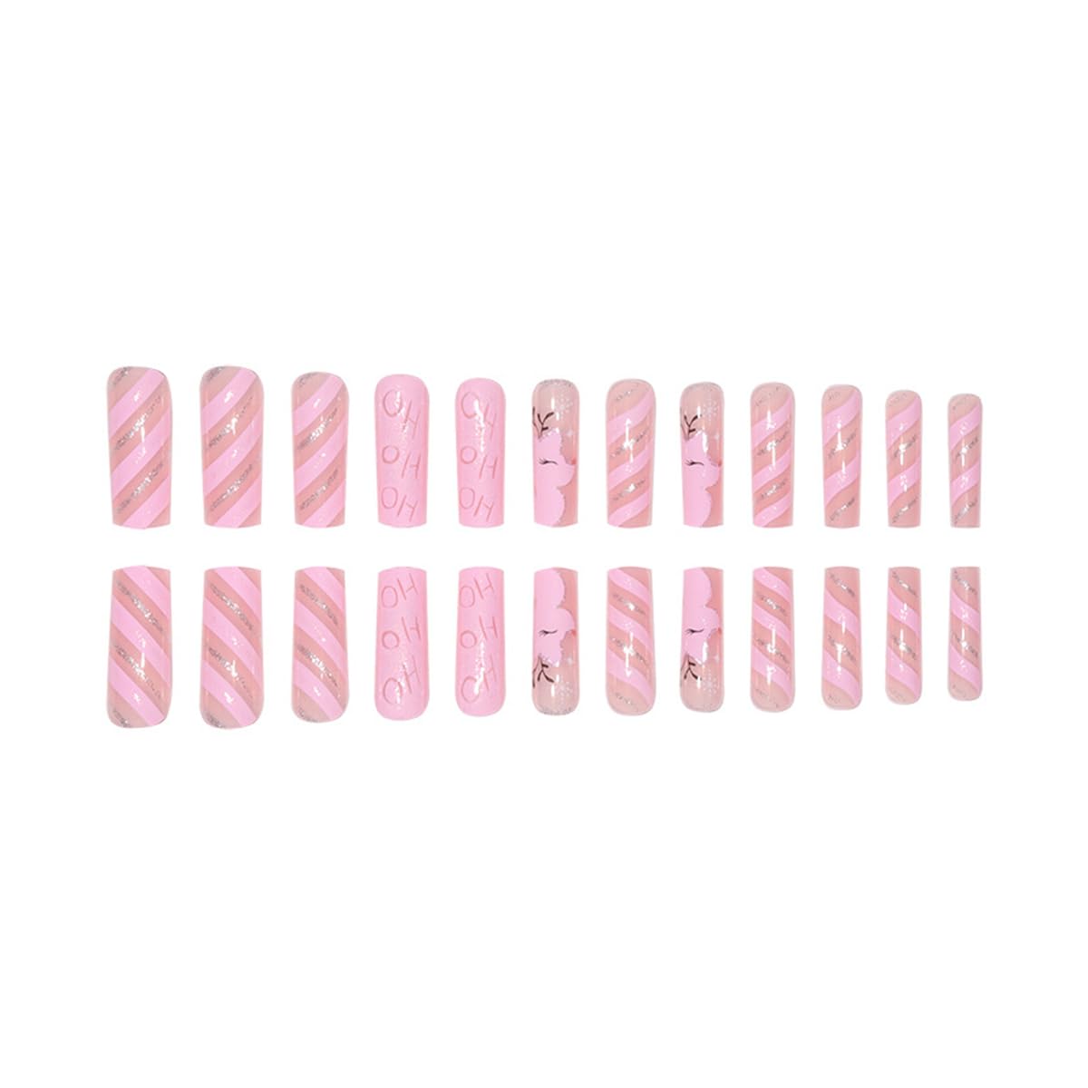 Christmas Press on Nails Extra Long Coffin Fake Nails Pink Coffin False Nails with Design Cute Reindeer Snowflake Line Glue on Nails Full Cover Bling Glitter Winter Xmas Acrylic Nails for Women 24Pcs