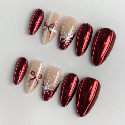 Press On Nails - MAGLFELL Red Handmade nails Medium Length Almond press-ons,10Pcs Red Cute 3D Reusable Acrylic Artificial stick ons for Women (Size S)