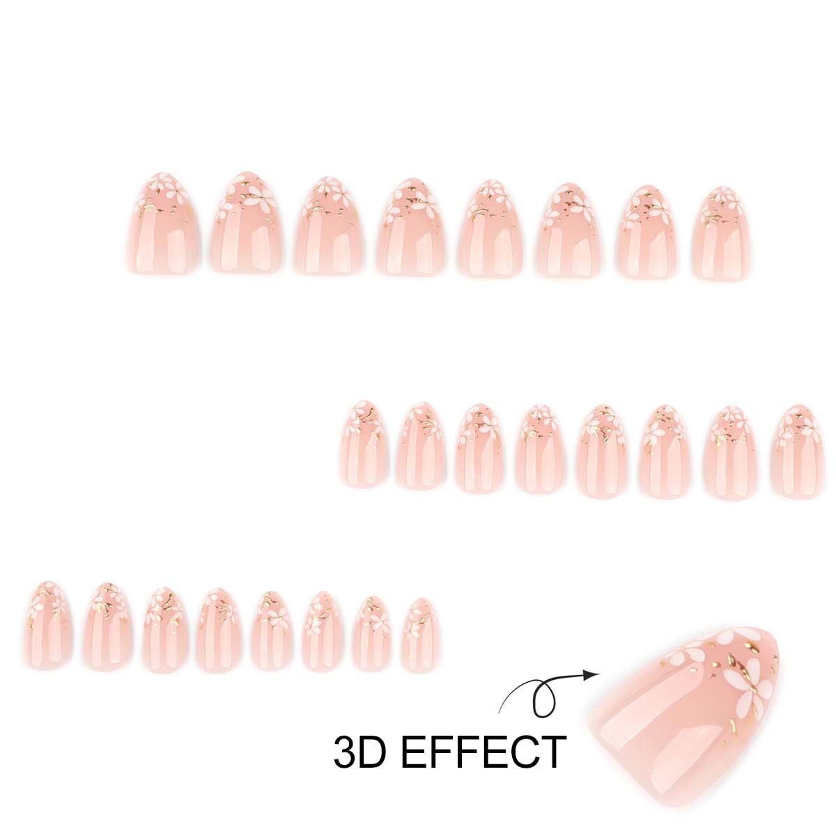 Flower Press on Nails Short Almond Fake Nails Spring Nails Press ons with White Floral and Gold Leaves Design Reusable Artificial Nail Full Cover Stick on Nails for Women Manicure 24Pcs