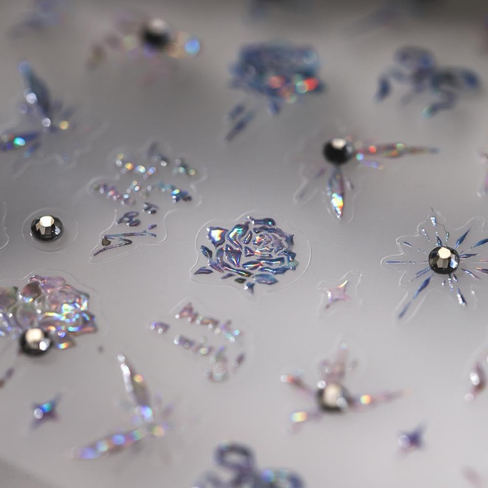 Aurora Flower Nail Stickers 5D Embossed Holographic Pearl Butterfly Nail Decals 3D Self-Adhesive Laser Bow Nail Art Supplies Spring Iridescent Nails Decoration Accessories for Women Manicure 1 Sheet