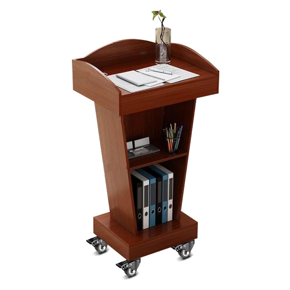 BGEDL Wooden Podium with 4 Lockable Wheels, Steady Floor Standing Speaking Lectern Stand, Portable Podium Stand Reception Desk, Wood Rolling Lecture Podium Pulpit for Churches Classrooms Speeches