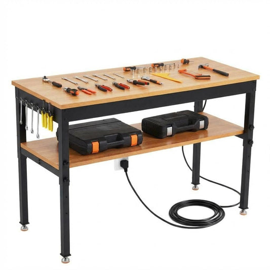 60" Work Bench with Storage Shelf, Adjustable Height Workbench, 60" x 24" Work Benches for Garage, 2500 LBS Tool Bench with Power Outlet for Workshop & Home