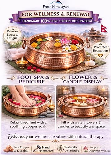 QT Handcarved Pure Copper Nepali Khadkulo – 11"-12" Handmade Foot Spa Bowl | Pedicure Soak Basin, Copper Water & Flower Display Bowl for Pooja, Prayer, Arti, Rituals, Ayurveda & Home Décor