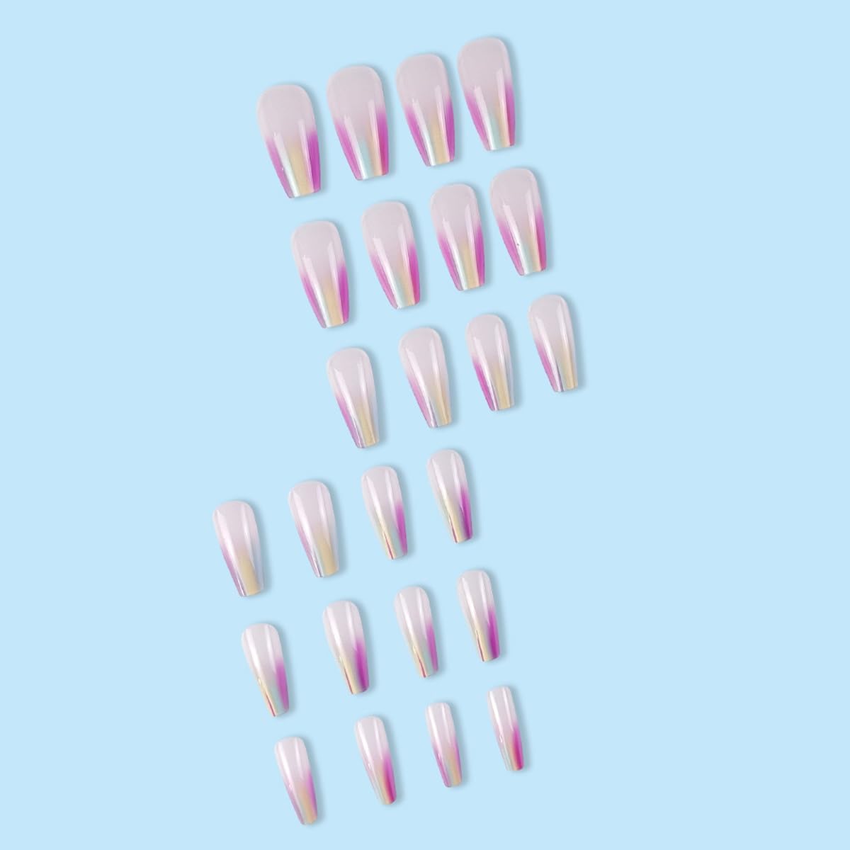 Press On Nails Coffin Medium Aurora Rainbow Glossy Full Cover Glue on Nails with Designs Colorful Chrome Artificial Acrylic Nails Kit for Women Manicure 24Pcs