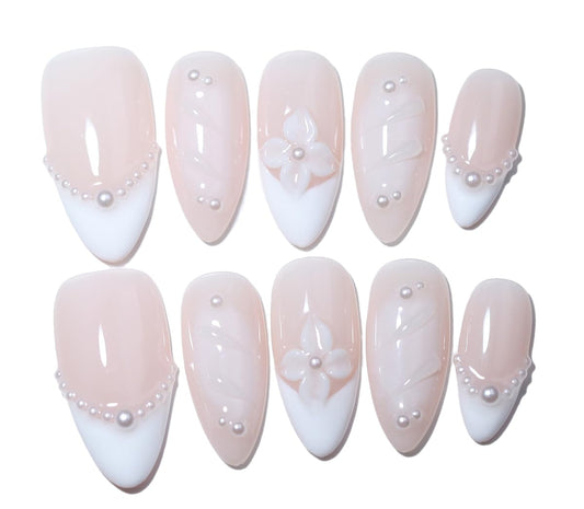 10Pcs Medium Almond Handmade Press On Nails | Easy Apply & Remove, Reusable Salon Quality Nails | Elegant Nude & White Fake Nails with 3D Floral & Pearl Accents (251217, M)